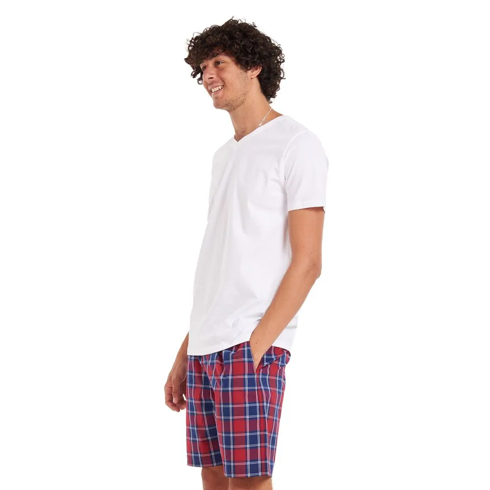 Men summer pajama set White T-shirt  Red checkered shorts