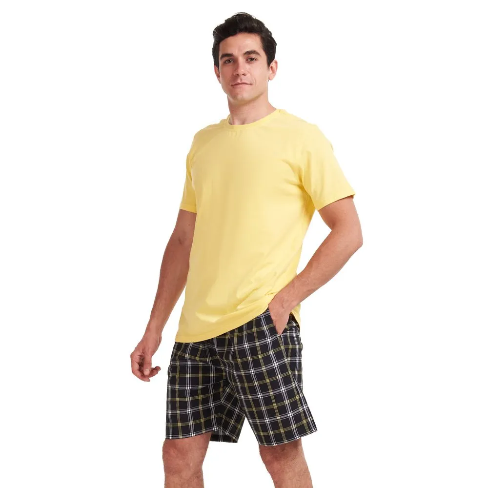 Men summer pajama set Yellow T-shirt   Black x yellow checkered shorts