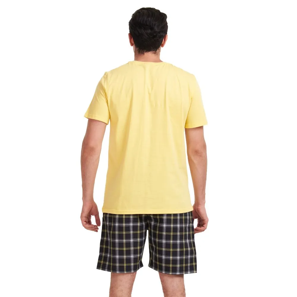 Men summer pajama set Yellow T-shirt   Black x yellow checkered shorts