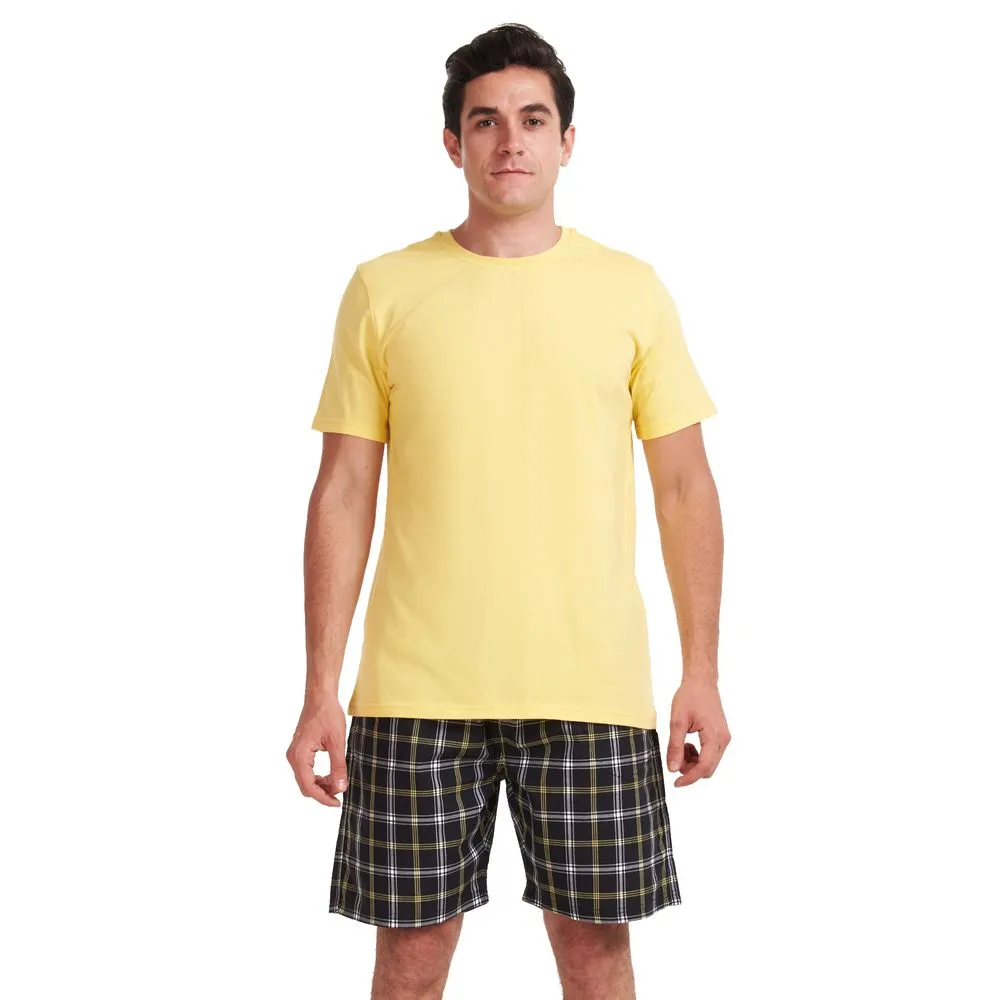 Men summer pajama set Yellow T-shirt   Black x yellow checkered shorts