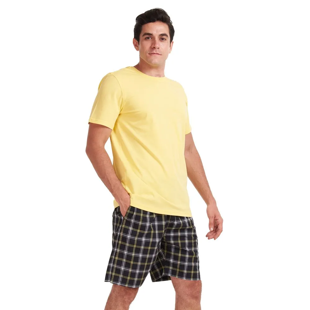 Men summer pajama set Yellow T-shirt   Black x yellow checkered shorts