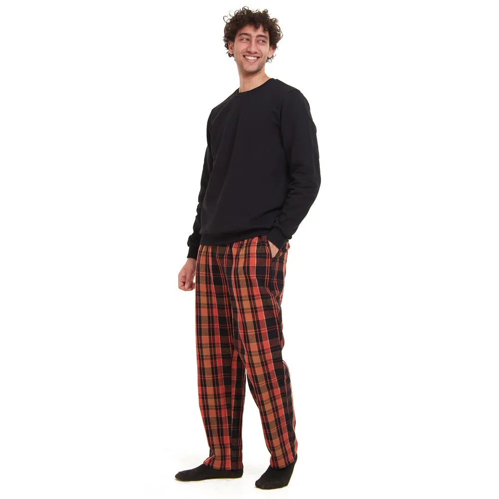 Men Winter Pajama Set Black Sweatshirt   Orange x Black Checkered Pants