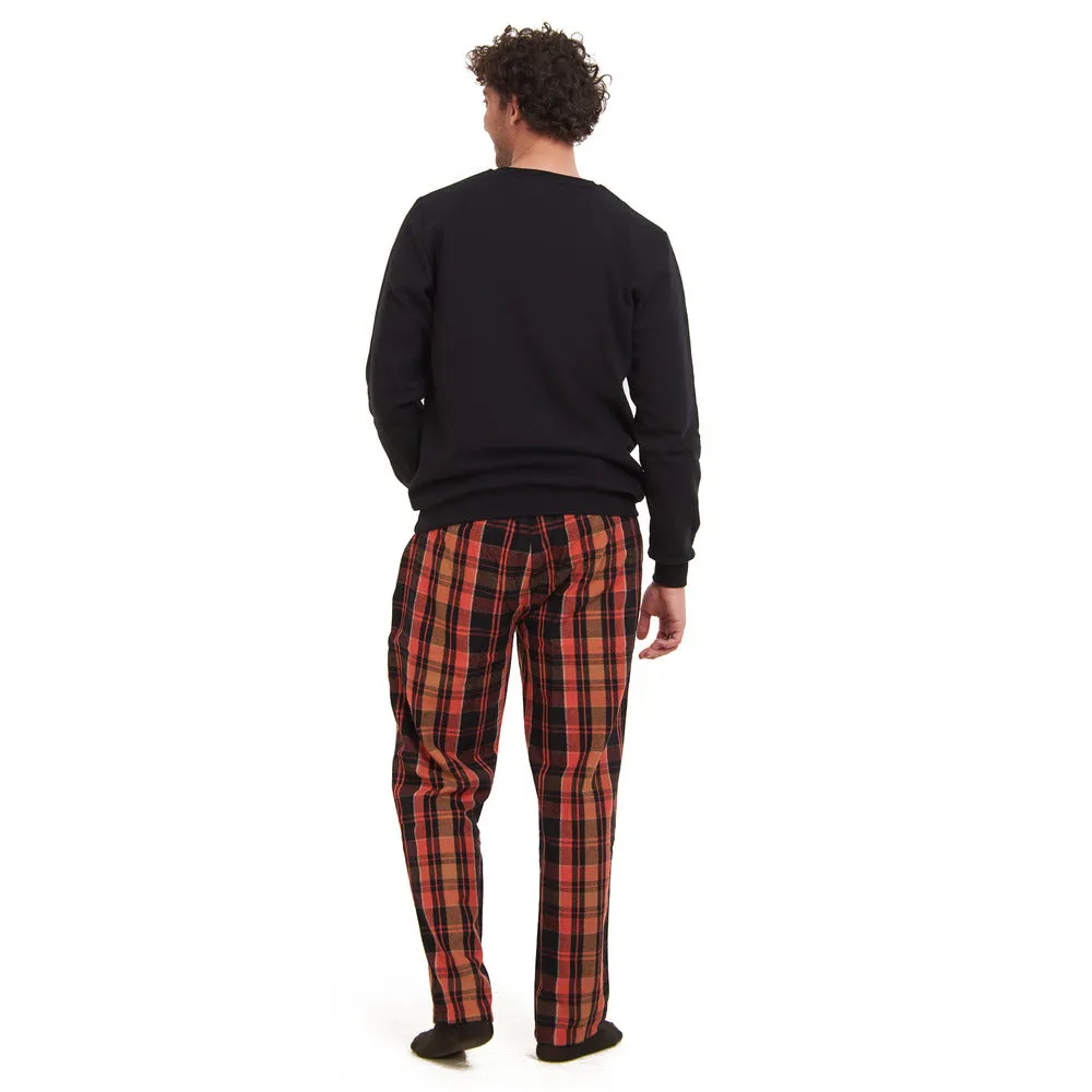 Men Winter Pajama Set Black Sweatshirt   Orange x Black Checkered Pants