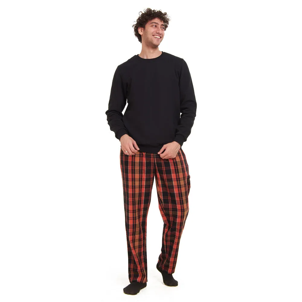 Men Winter Pajama Set Black Sweatshirt   Orange x Black Checkered Pants