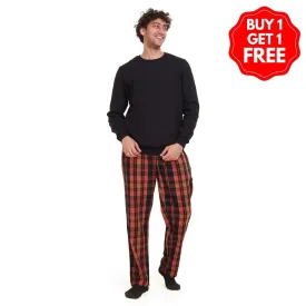 Men Winter Pajama Set Black Sweatshirt   Orange x Black Checkered Pants