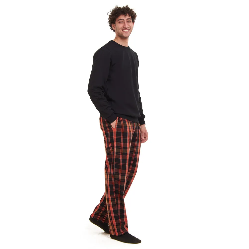 Men Winter Pajama Set Black Sweatshirt   Orange x Black Checkered Pants