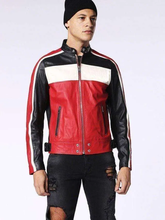 Men's Genuine Leather Jacket Multi-color Black white red Slim fit Biker