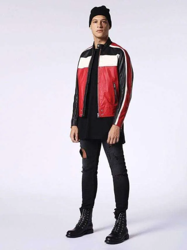 Men's Genuine Leather Jacket Multi-color Black white red Slim fit Biker