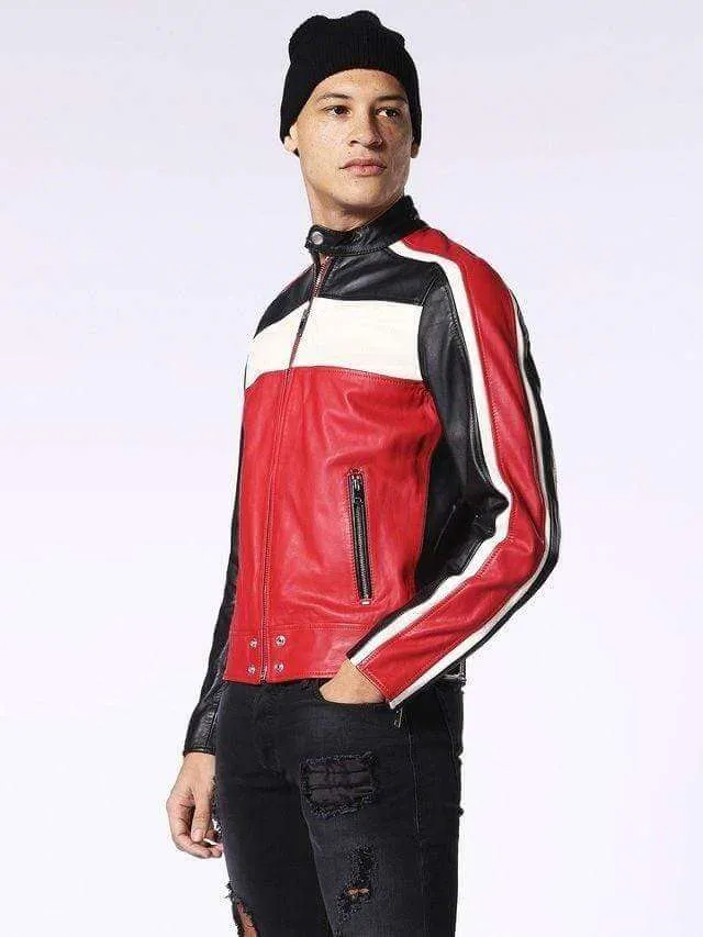 Men's Genuine Leather Jacket Multi-color Black white red Slim fit Biker