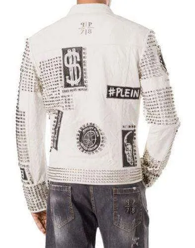 Mens Punk Full White Studded Embroidery Patches Leather Jacket