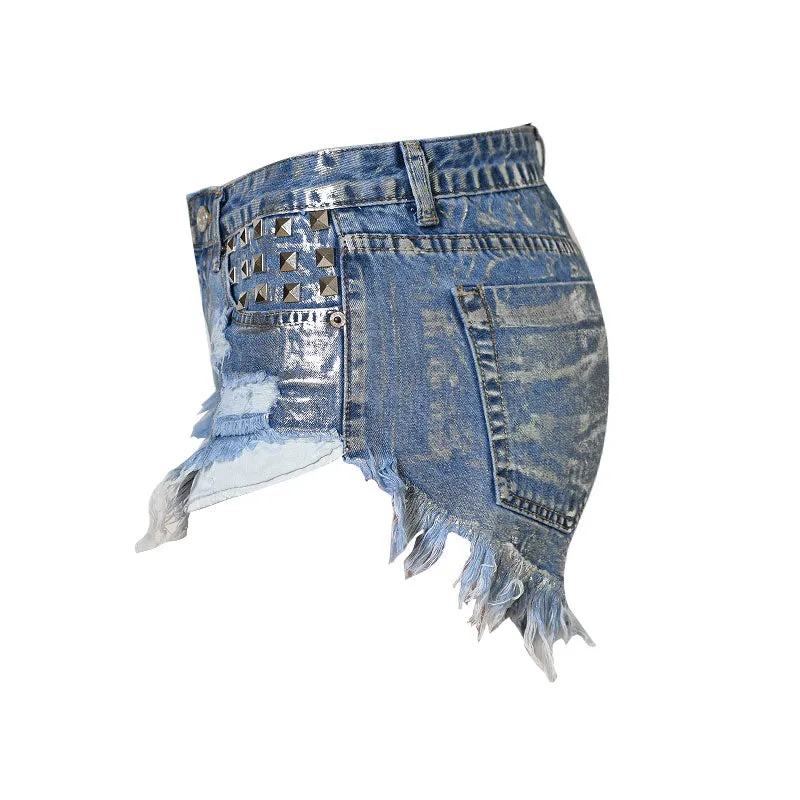 Metallic Stud Trim High Waist Distressed Denim Shorts - Blue