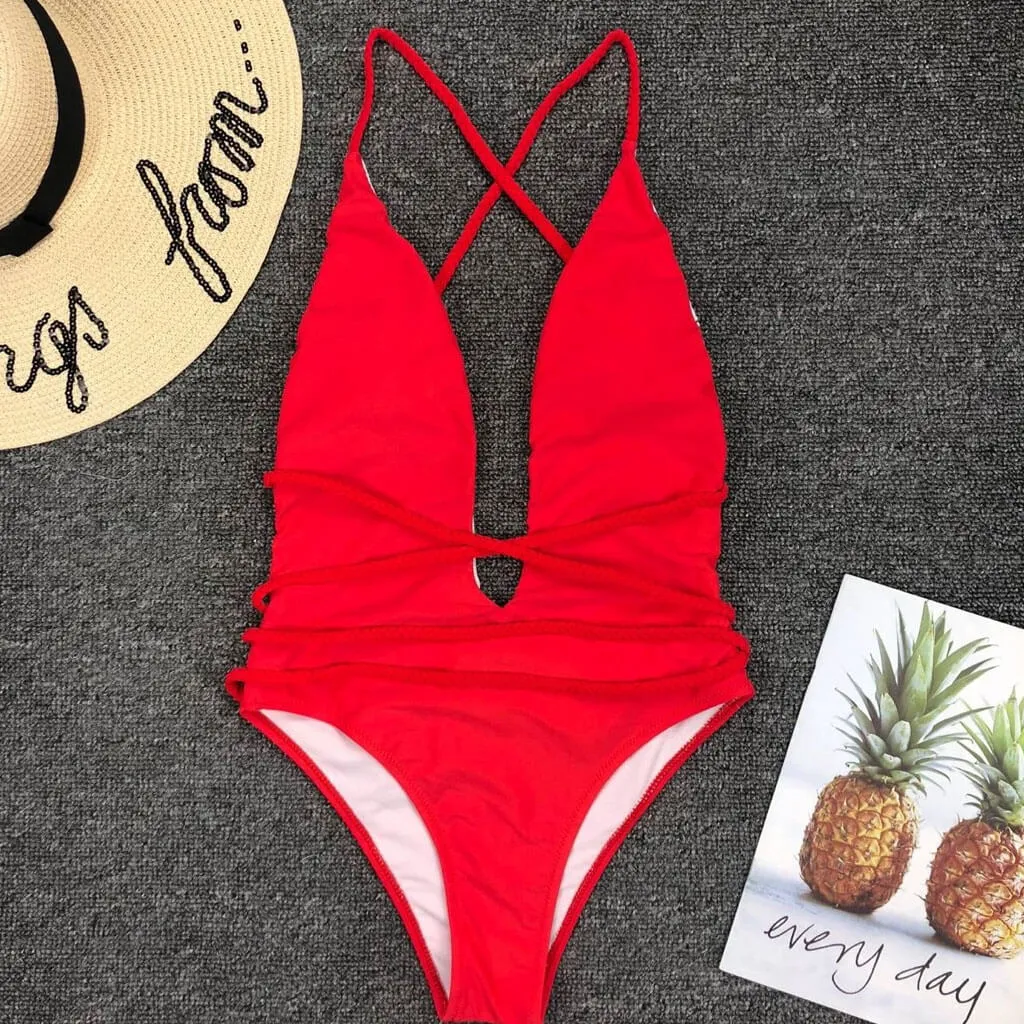 Multi-Way Low Back High Leg Brazilian One Piece Swimsuit - Red