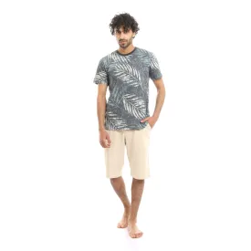 Multicolour Palm Leaves Tee & Solid Beige Shorts Pajama Set