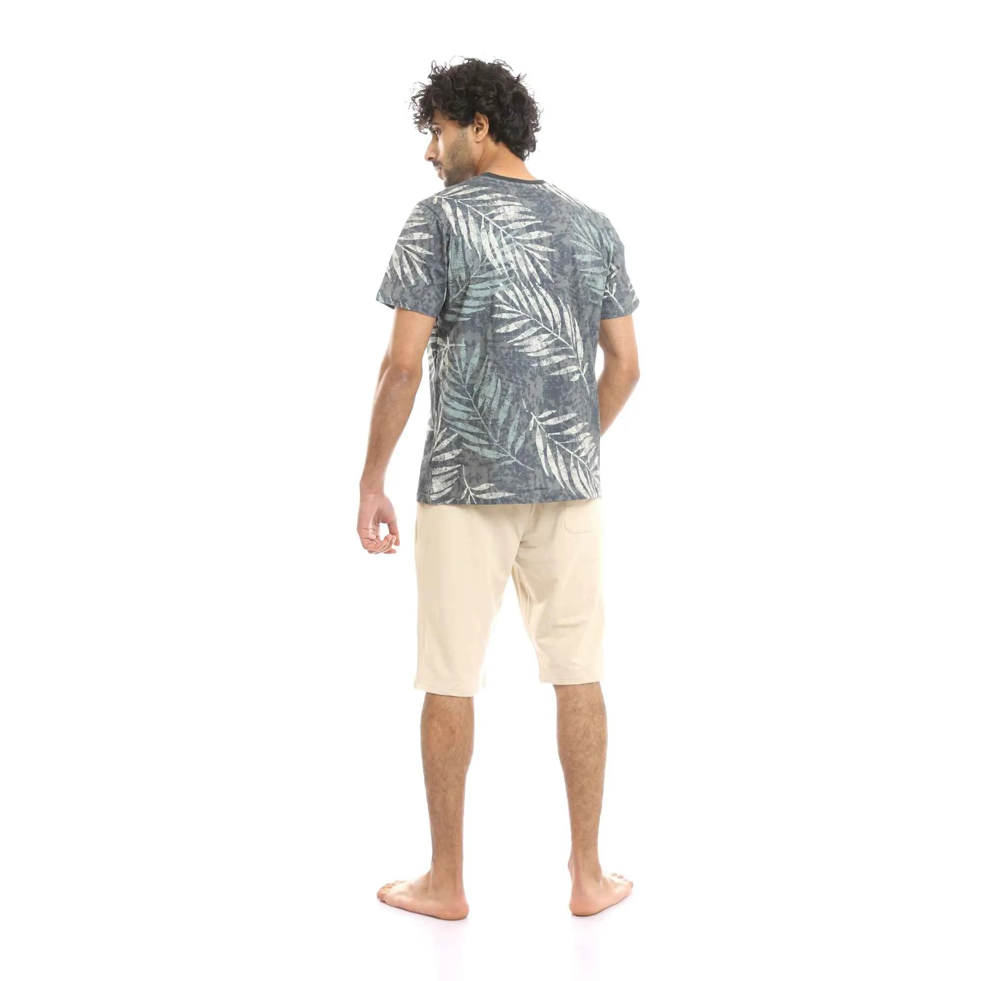 Multicolour Palm Leaves Tee & Solid Beige Shorts Pajama Set