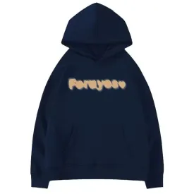 Navy Blue Chicly Hooded Drawstring Loose Female Hoodies Fashion Letter Printing Pocket Basic Simple Casual Women Hoodies