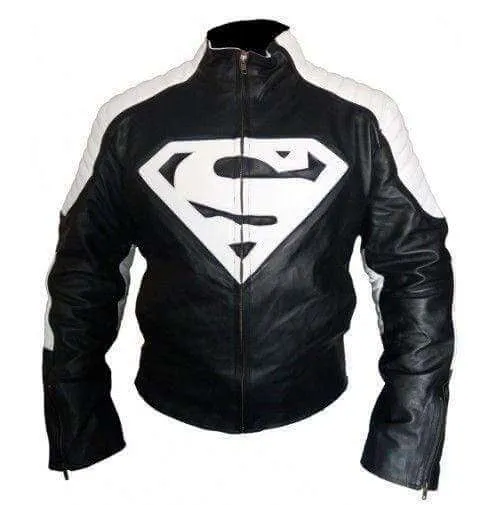 New Customized Men's Handmade Black Leather White Super Man Style Biker Leather Jacket