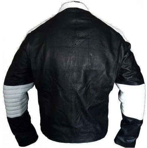 New Customized Men's Handmade Black Leather White Super Man Style Biker Leather Jacket