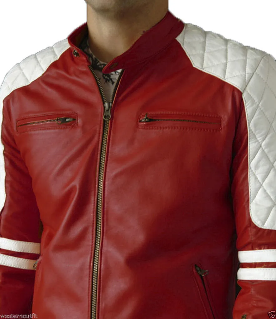 New Fight Club Celebrity Lambskin Leather Biker Quilted Jacket For Men