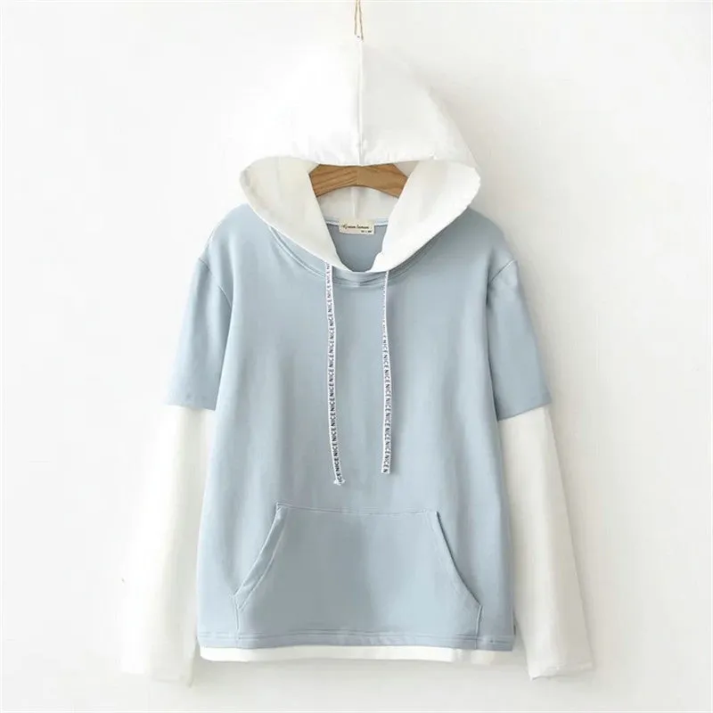 Nice Color Accent Patchwork Hooded Sweater