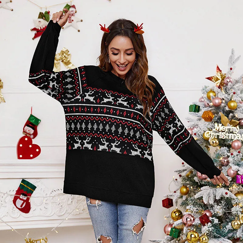 Nordic Fair Isle Crew Neck Long Sleeve Christmas Oversized Top - Black