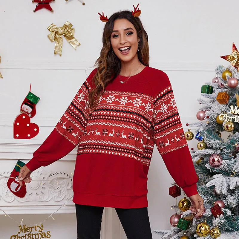 Nordic Fair Isle Crew Neck Long Sleeve Christmas Oversized Top - Red