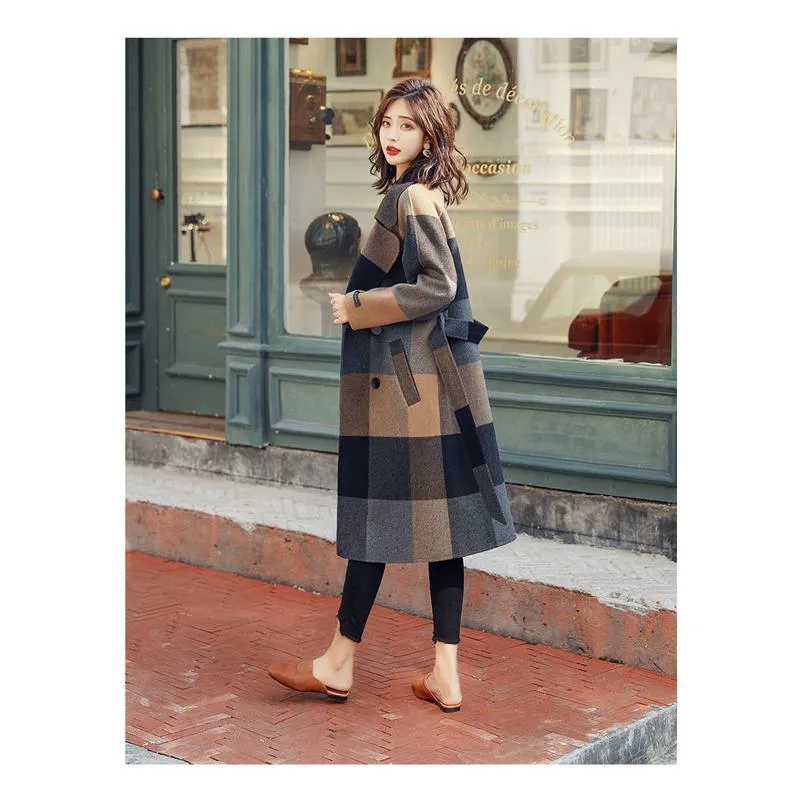 Plaid Woolen Cinched Waist Tie-Up Knee-Length Overcoat