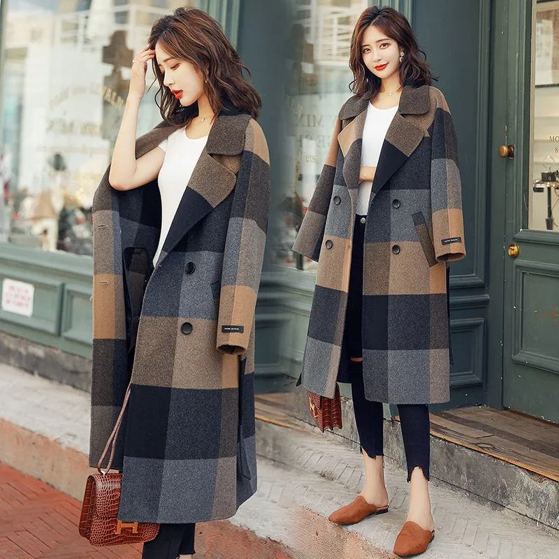 Plaid Woolen Cinched Waist Tie-Up Knee-Length Overcoat