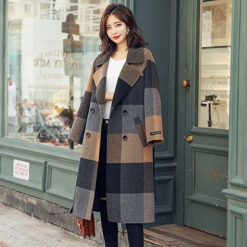 Plaid Woolen Cinched Waist Tie-Up Knee-Length Overcoat