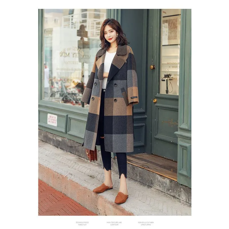 Plaid Woolen Cinched Waist Tie-Up Knee-Length Overcoat