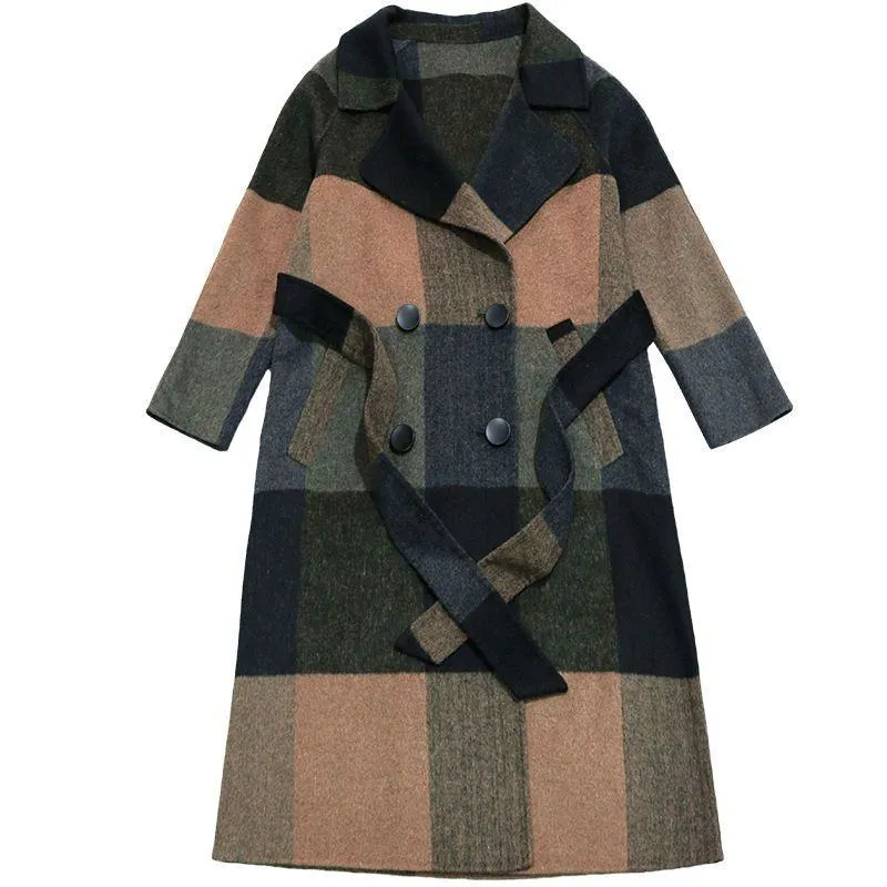 Plaid Woolen Cinched Waist Tie-Up Knee-Length Overcoat