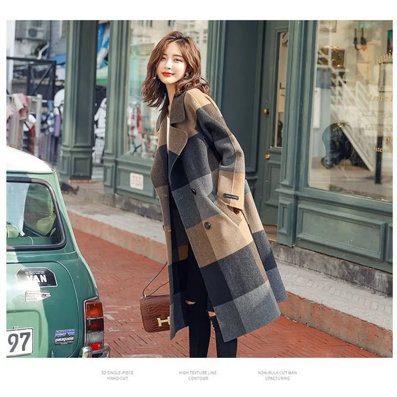 Plaid Woolen Cinched Waist Tie-Up Knee-Length Overcoat