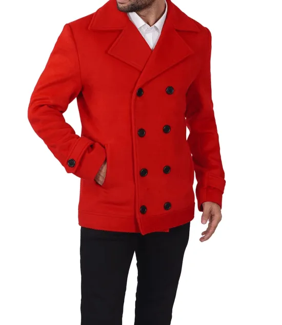 Red Double Breasted Wool Peacoat Mens - Vibrant Classic Outerwear