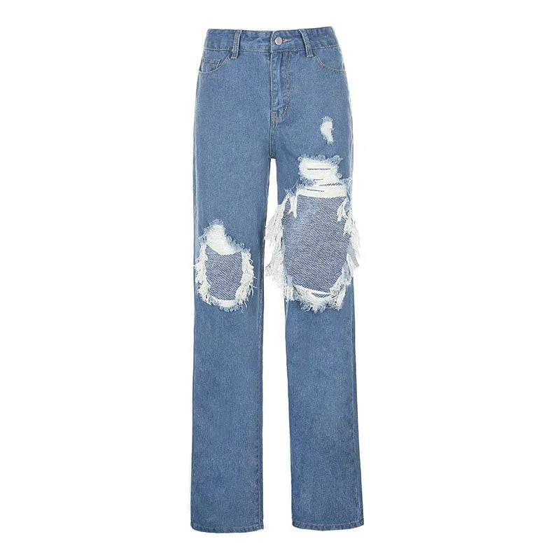 Retro '90s Distressed Cutout High Waist Wide Leg Jeans - Blue