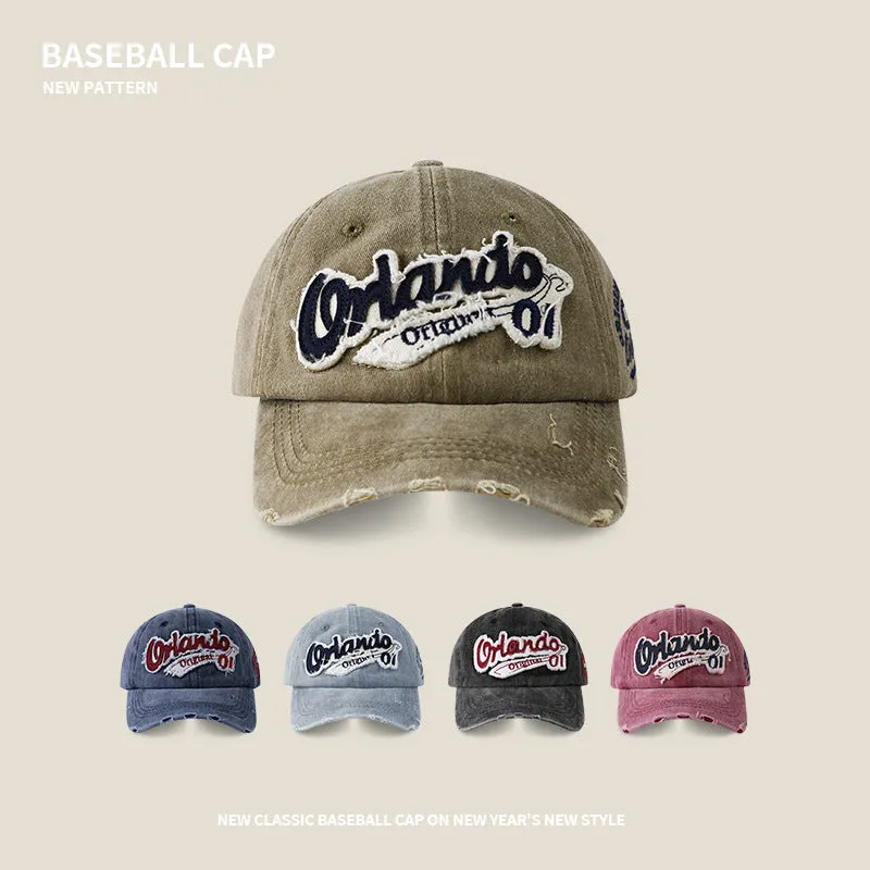 Retro Distressed Baseball Cap For Women, Washed Ripped Denim Peaked Cap For Men, Wide Brim, Versatile Outdoor Sports Hat