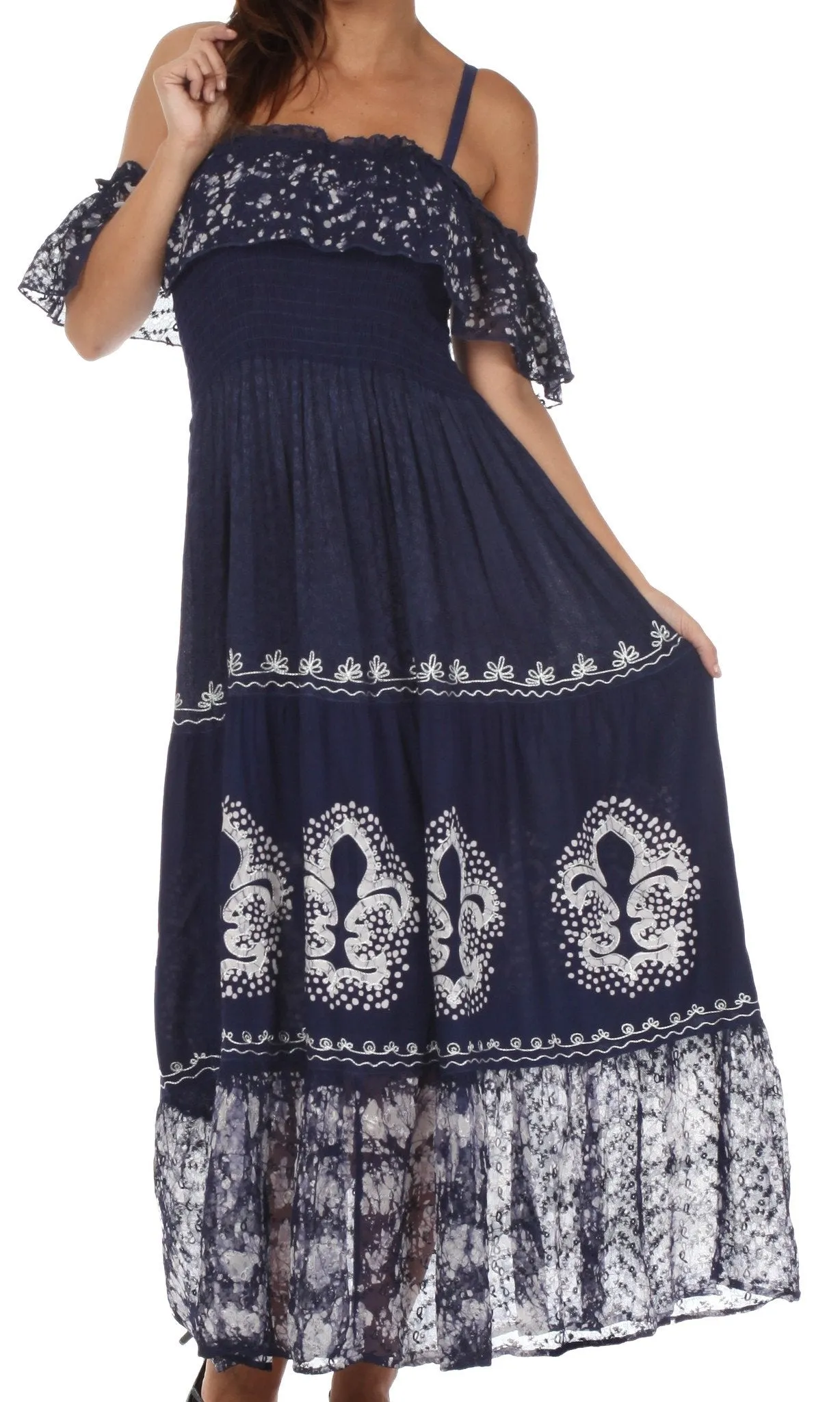 Sakkas Fleur De Lis Batik Jacquard Off Shoulder Crepe Hem Dress - FINAL SALE