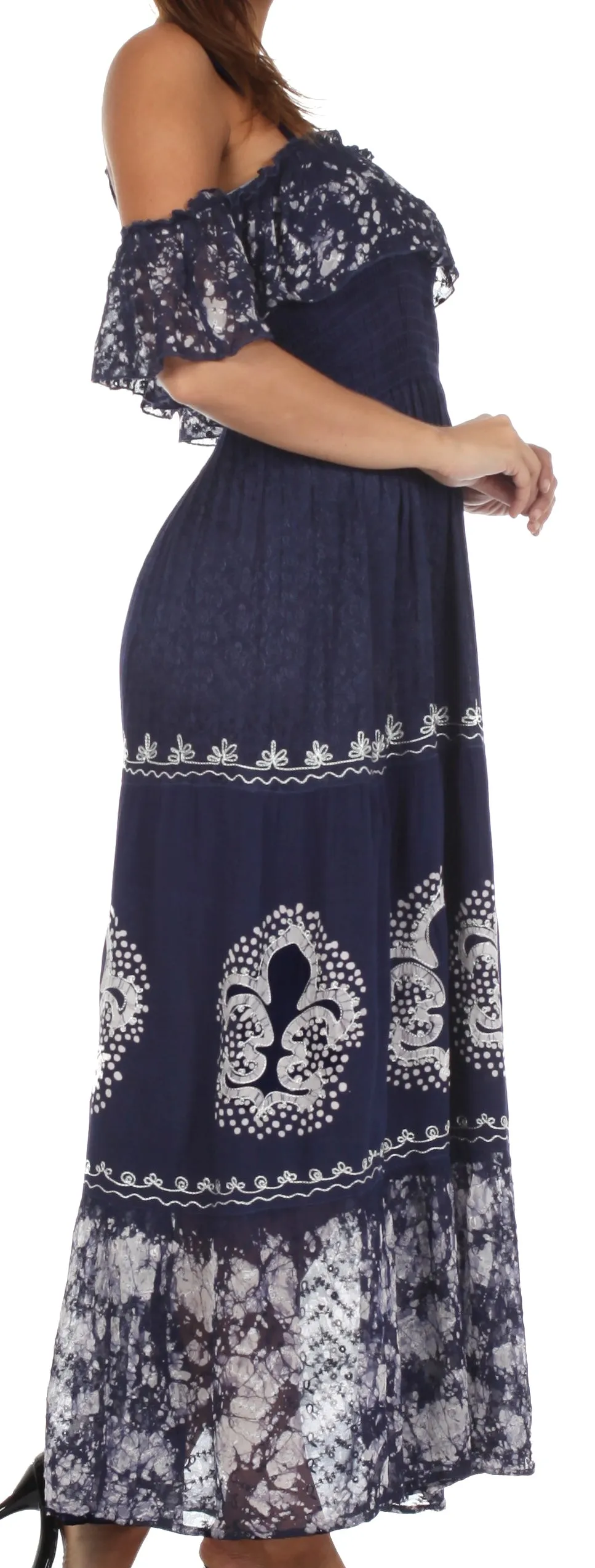 Sakkas Fleur De Lis Batik Jacquard Off Shoulder Crepe Hem Dress - FINAL SALE