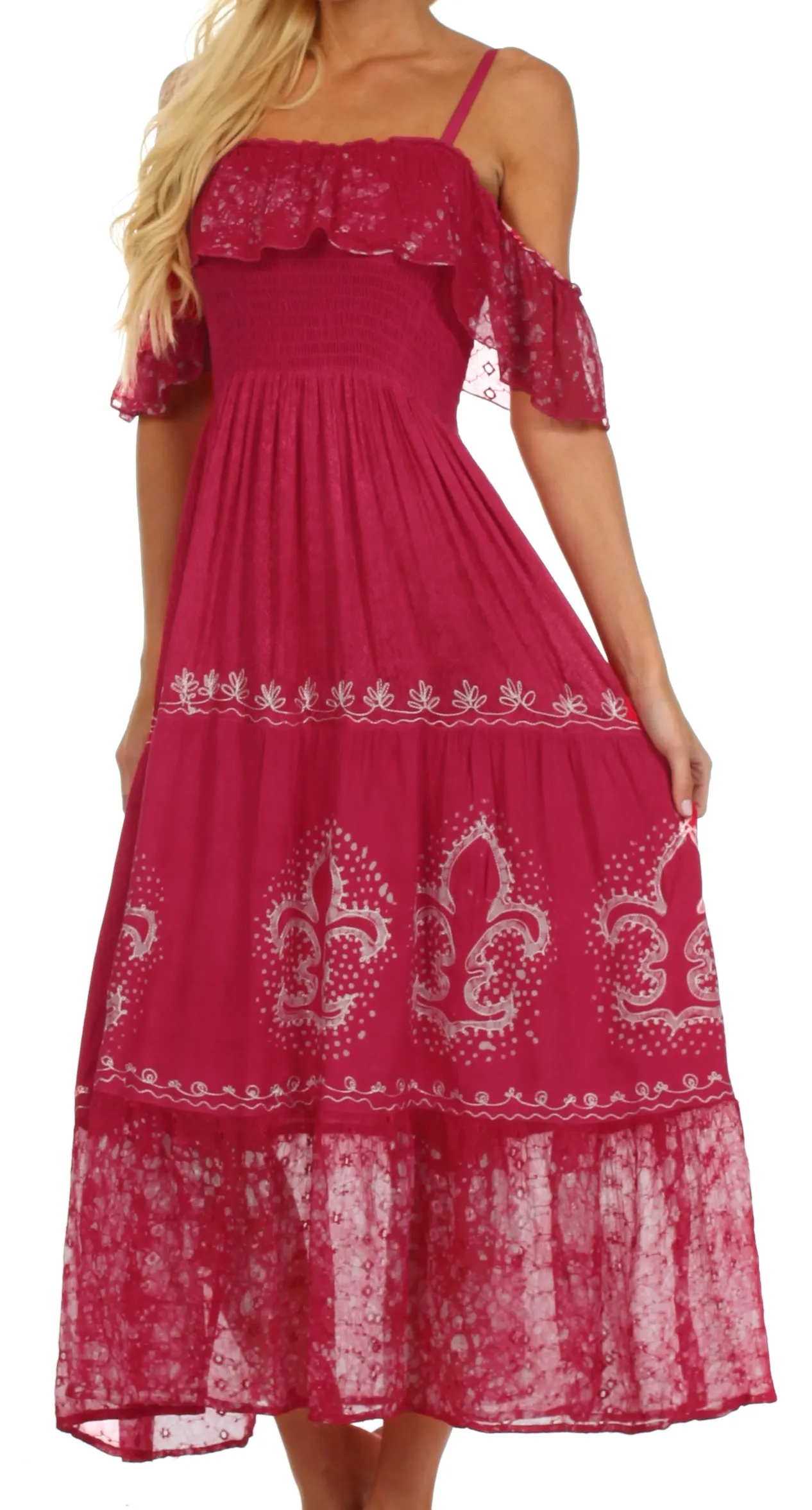 Sakkas Fleur De Lis Batik Jacquard Off Shoulder Crepe Hem Dress - FINAL SALE