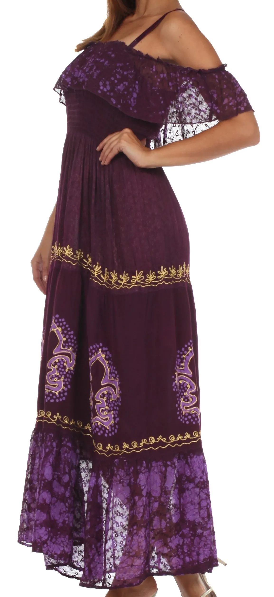 Sakkas Fleur De Lis Batik Jacquard Off Shoulder Crepe Hem Dress - FINAL SALE