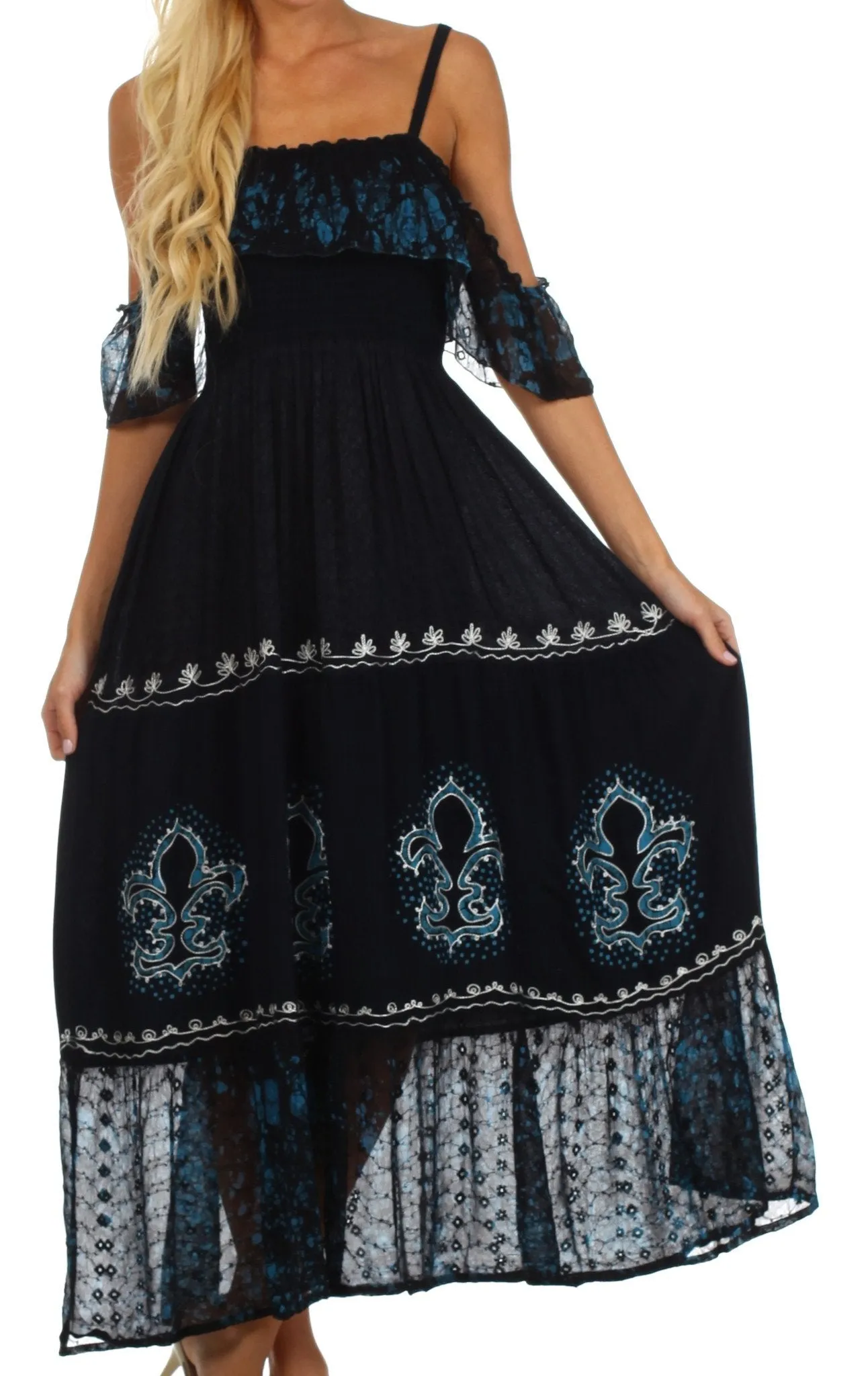 Sakkas Fleur De Lis Batik Jacquard Off Shoulder Crepe Hem Dress - FINAL SALE