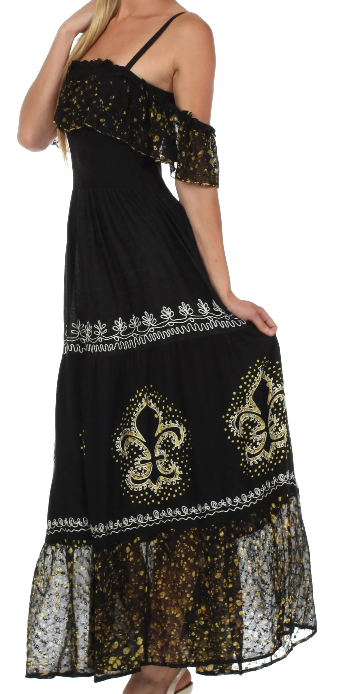 Sakkas Fleur De Lis Batik Jacquard Off Shoulder Crepe Hem Dress - FINAL SALE