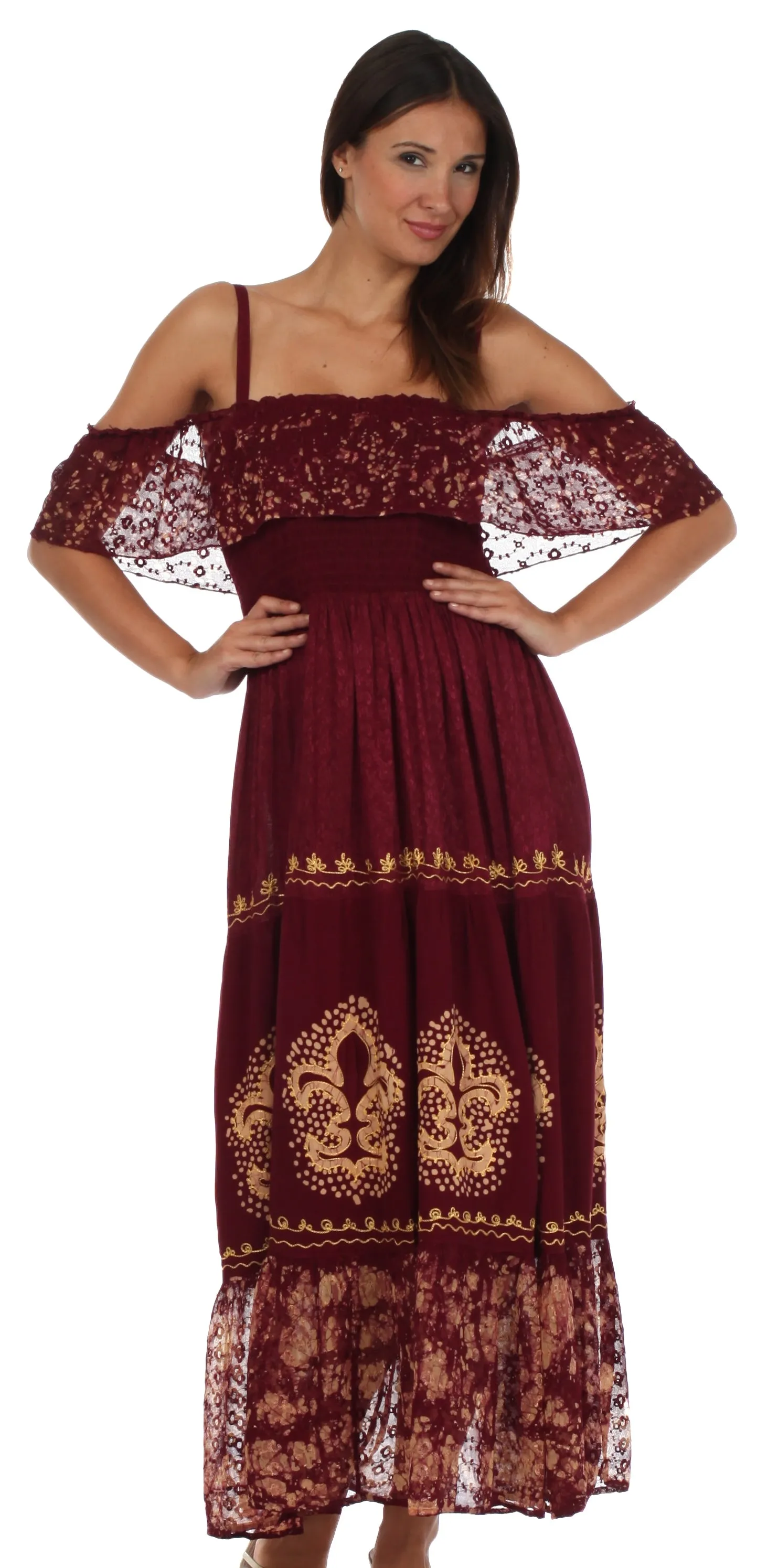 Sakkas Fleur De Lis Batik Jacquard Off Shoulder Crepe Hem Dress - FINAL SALE