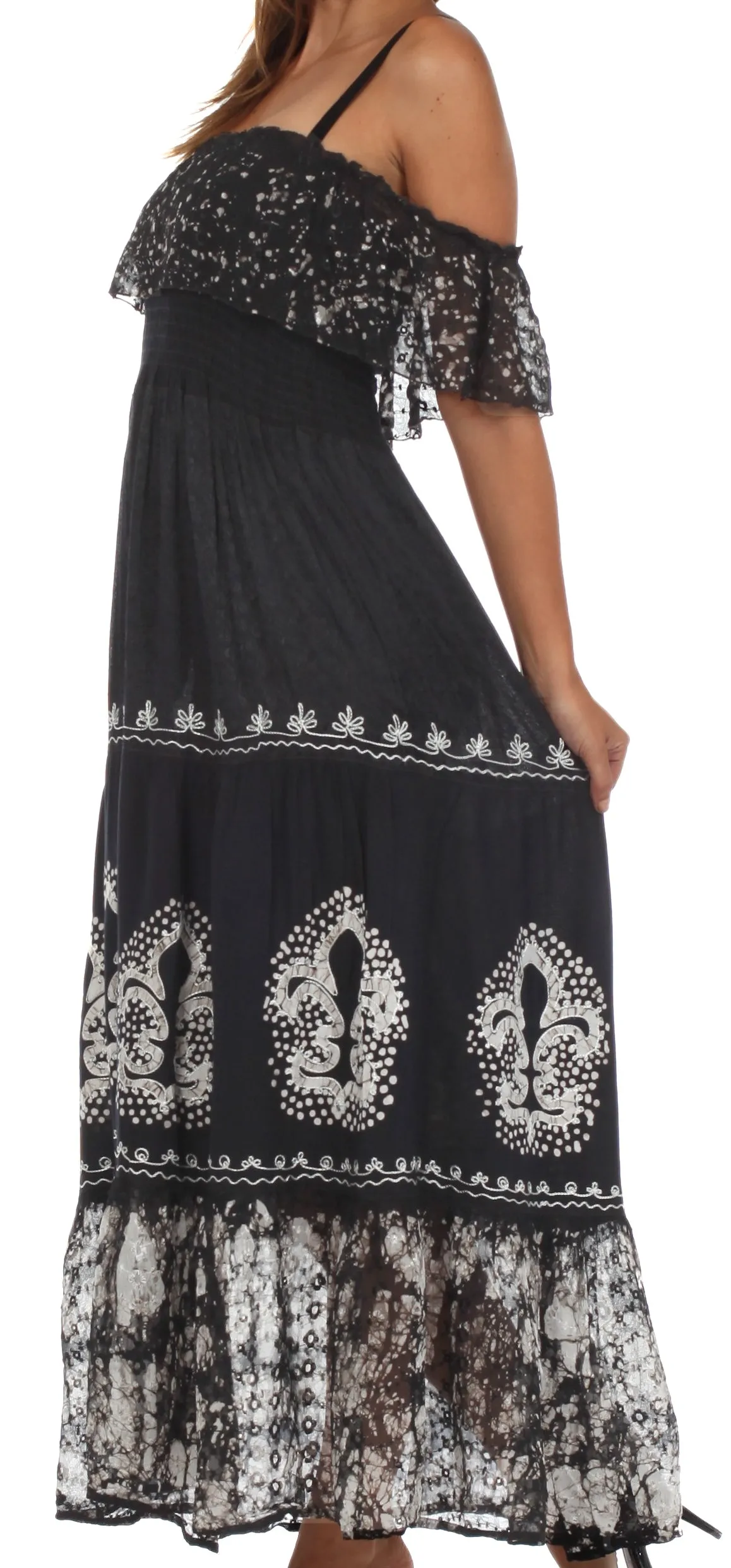 Sakkas Fleur De Lis Batik Jacquard Off Shoulder Crepe Hem Dress - FINAL SALE