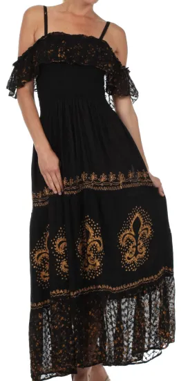 Sakkas Fleur De Lis Batik Jacquard Off Shoulder Crepe Hem Dress - FINAL SALE