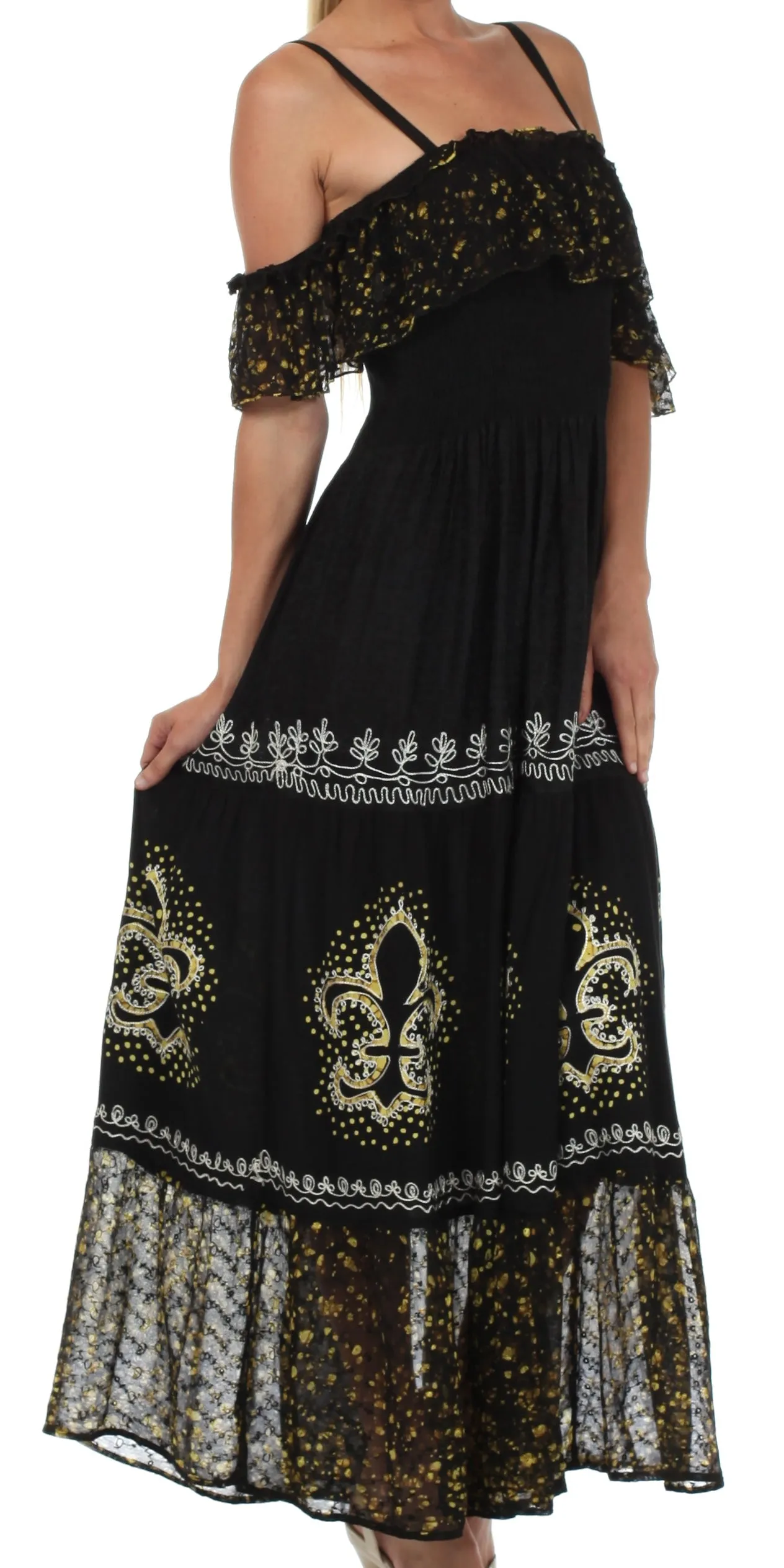 Sakkas Fleur De Lis Batik Jacquard Off Shoulder Crepe Hem Dress - FINAL SALE