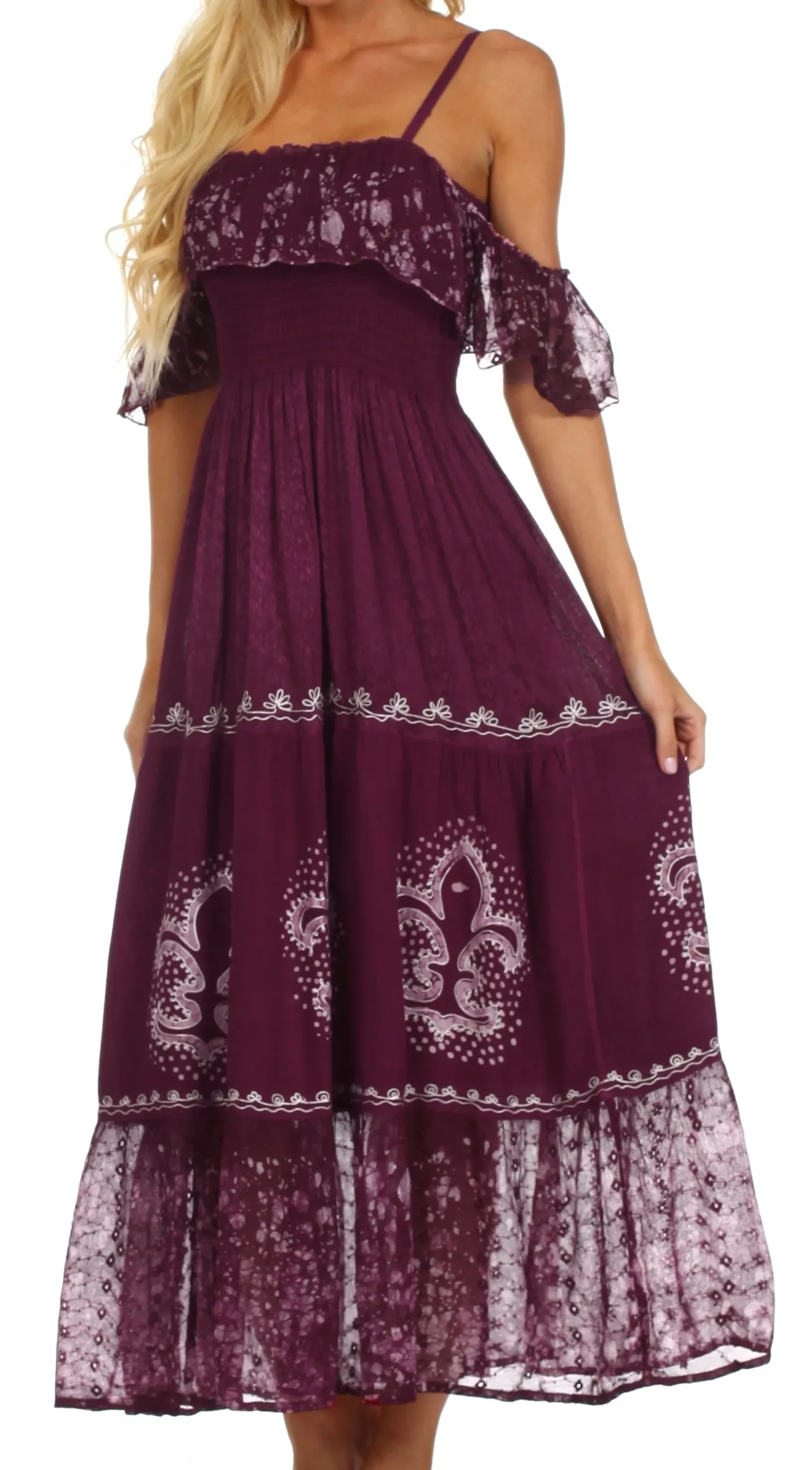 Sakkas Fleur De Lis Batik Jacquard Off Shoulder Crepe Hem Dress - FINAL SALE