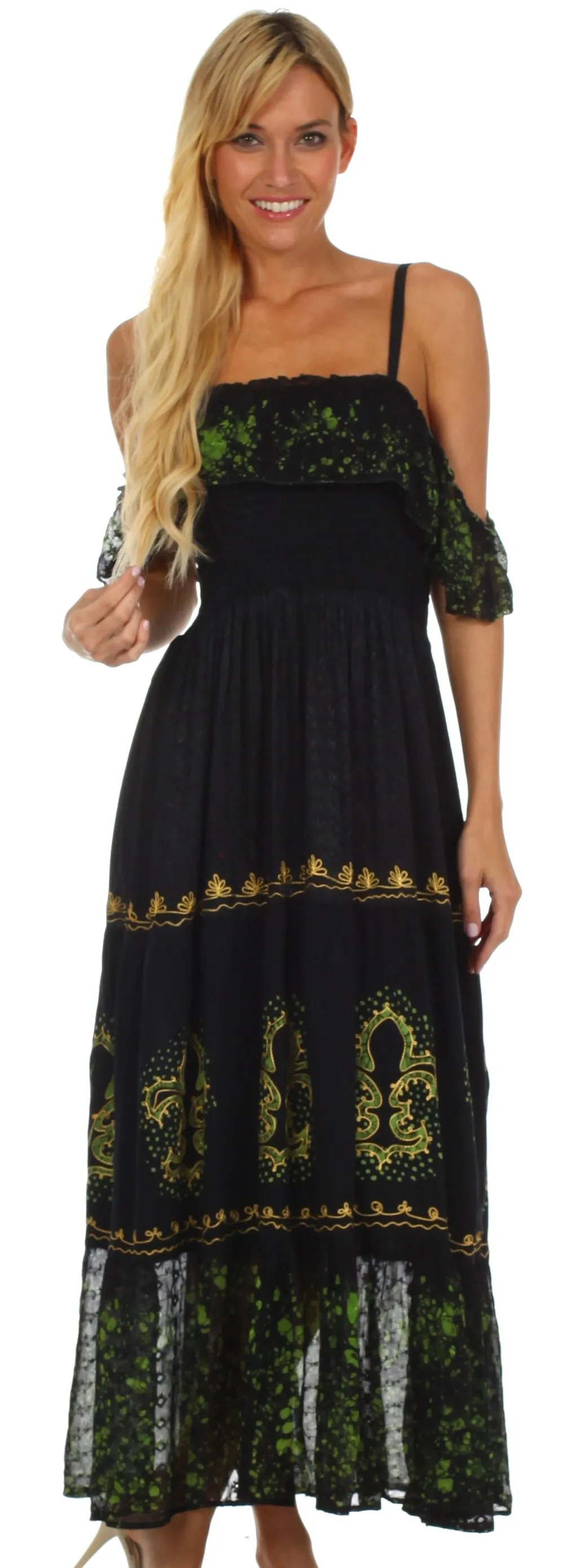 Sakkas Fleur De Lis Batik Jacquard Off Shoulder Crepe Hem Dress - FINAL SALE