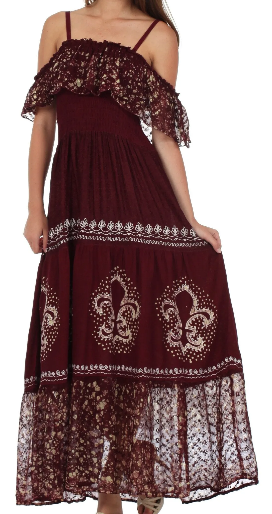 Sakkas Fleur De Lis Batik Jacquard Off Shoulder Crepe Hem Dress - FINAL SALE