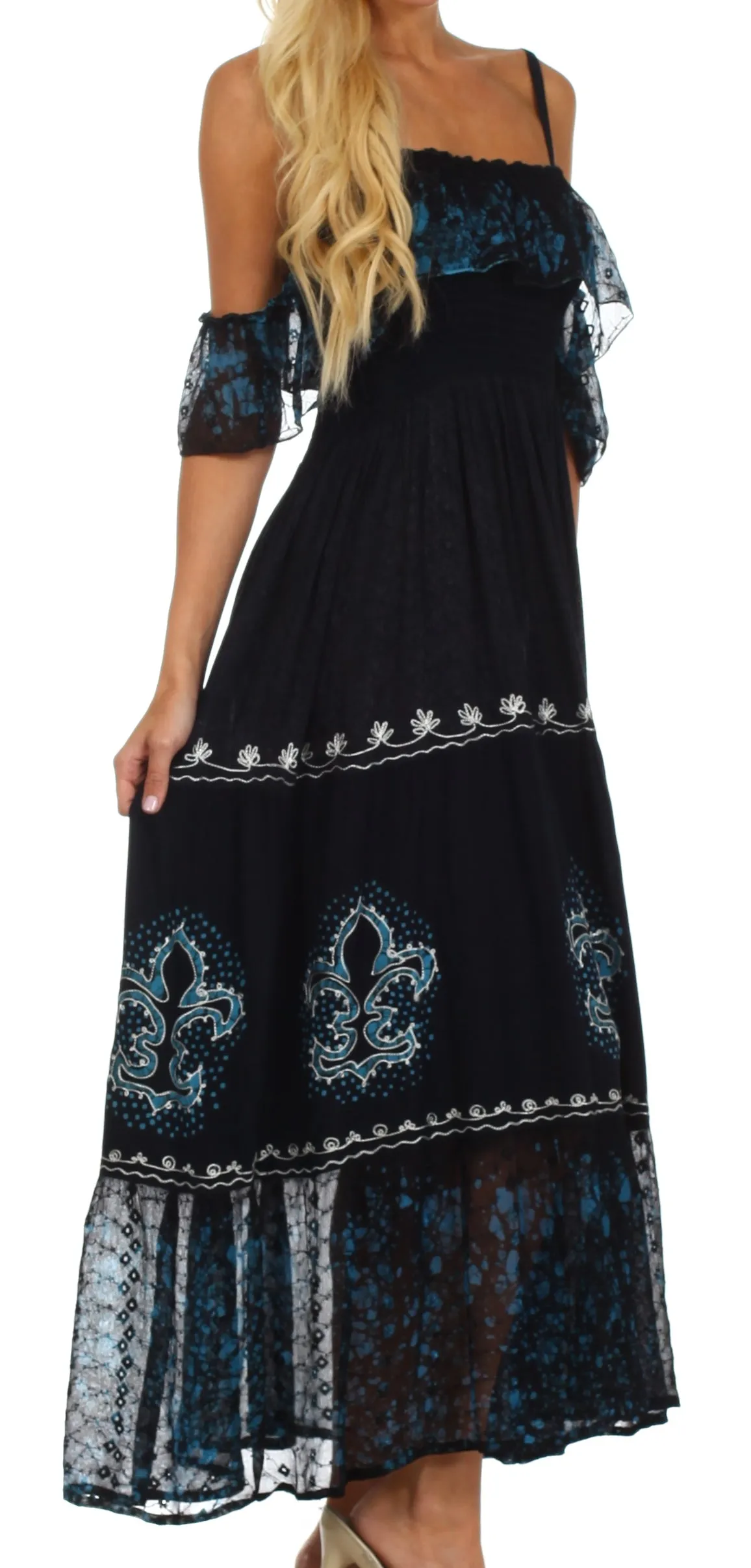 Sakkas Fleur De Lis Batik Jacquard Off Shoulder Crepe Hem Dress - FINAL SALE