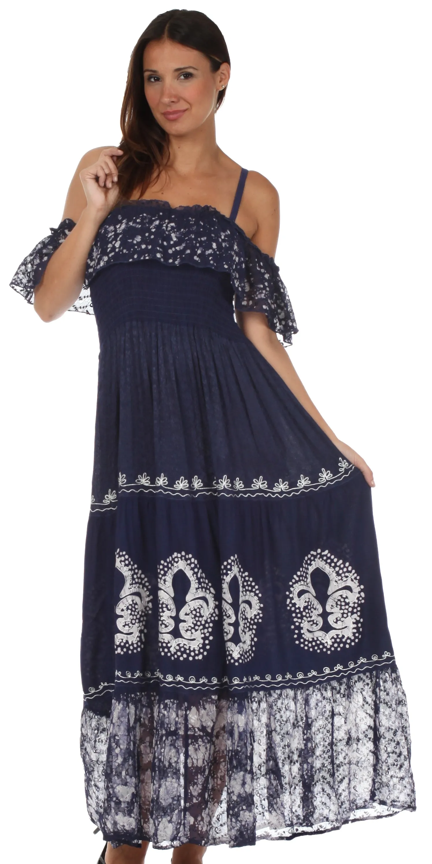 Sakkas Fleur De Lis Batik Jacquard Off Shoulder Crepe Hem Dress - FINAL SALE