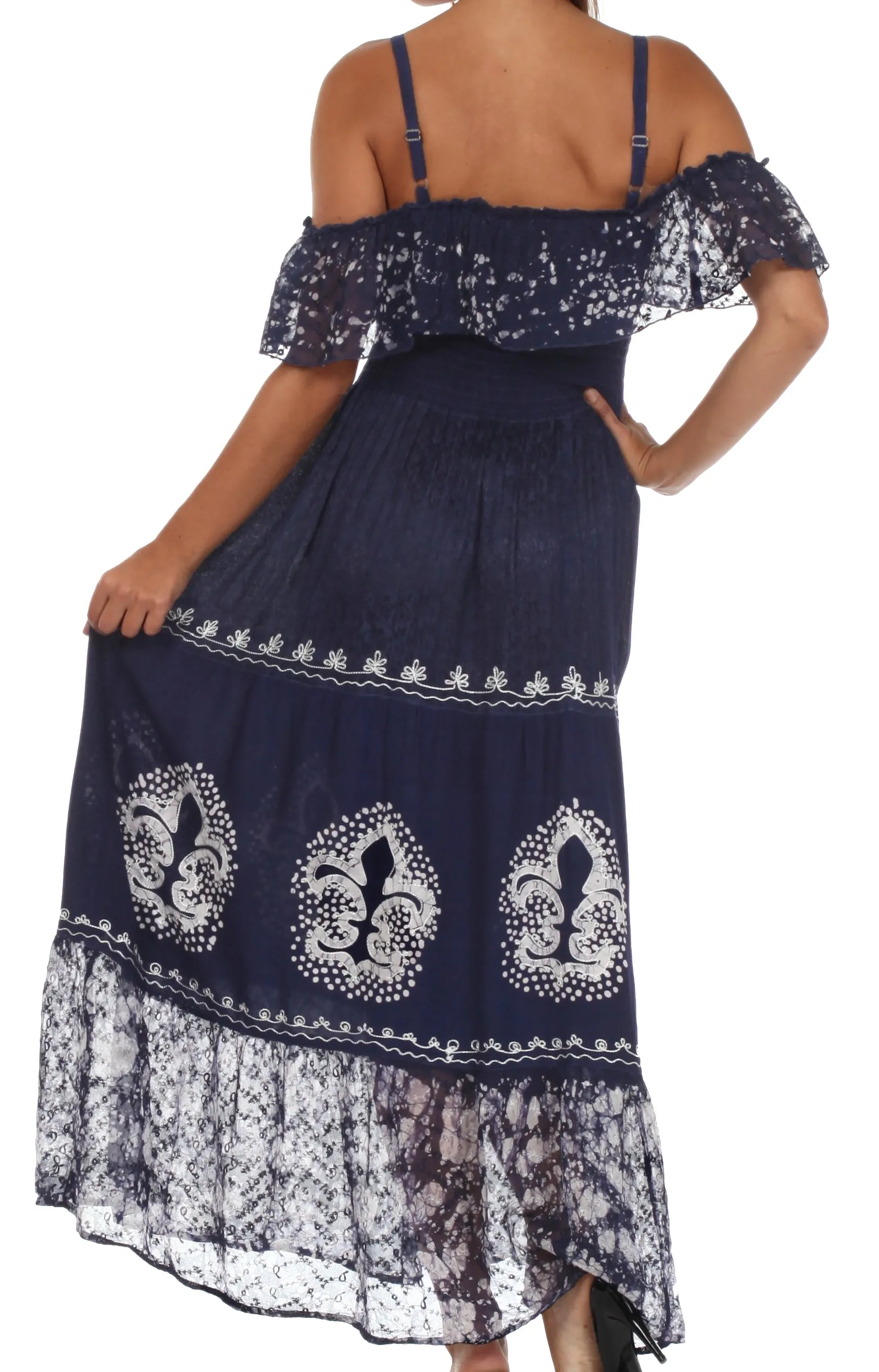 Sakkas Fleur De Lis Batik Jacquard Off Shoulder Crepe Hem Dress - FINAL SALE